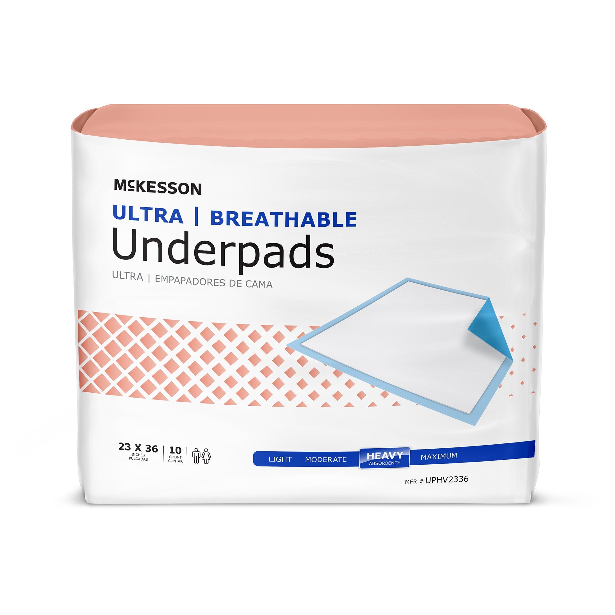 McKesson Ultra Breathable heavy absorbency 23 x 36 inch low air loss disposable underpads with blue air permeable backsheet