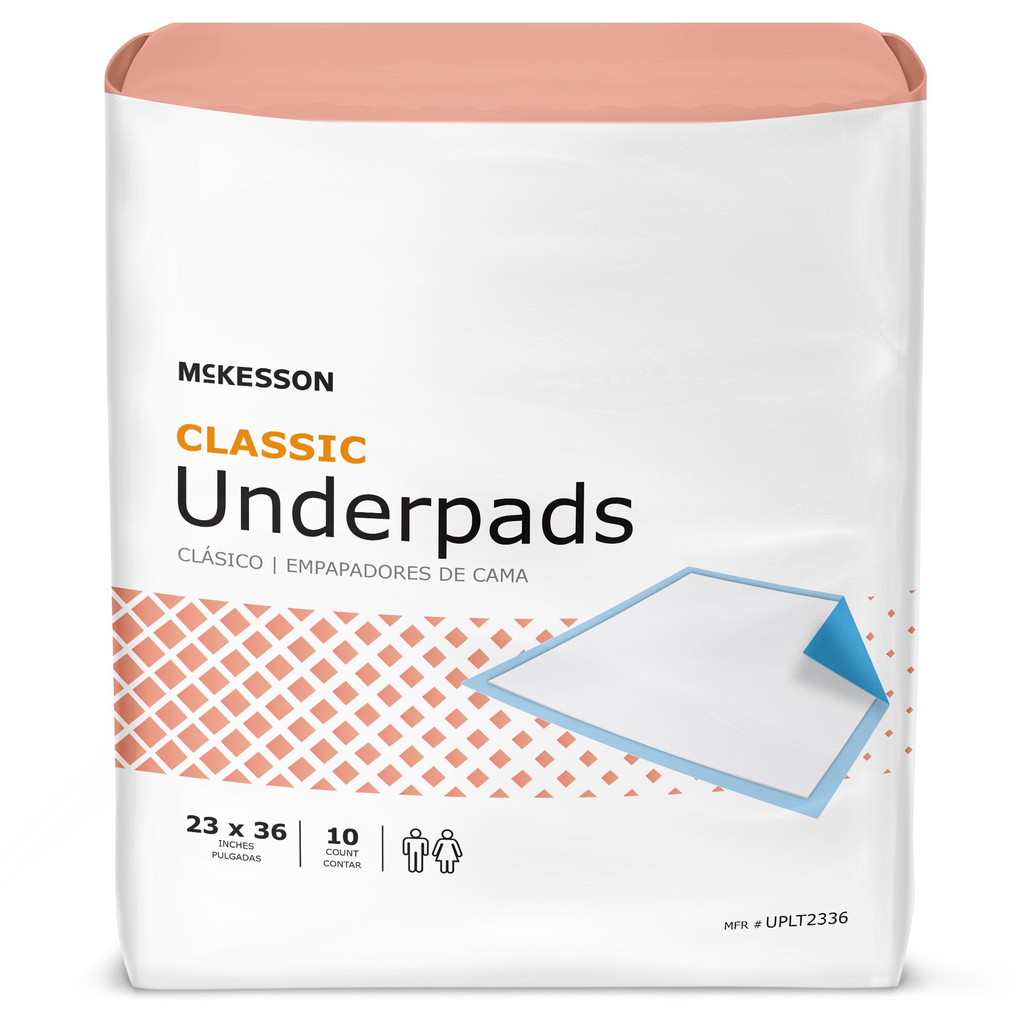 McKesson Classic Plus light absorbency 23 x 36 inch disposable underpads with blue poly backsheet