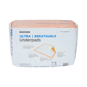 McKesson Ultra Breathable heavy absorbency 23 x 36 inch low air loss disposable underpads with blue air permeable backsheet