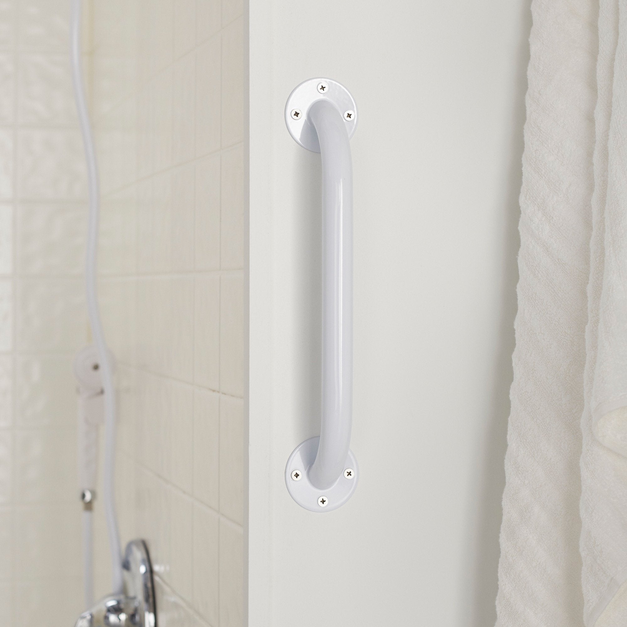 McKesson white steel wall grab bar in multiple lengths for bathroom safety and support