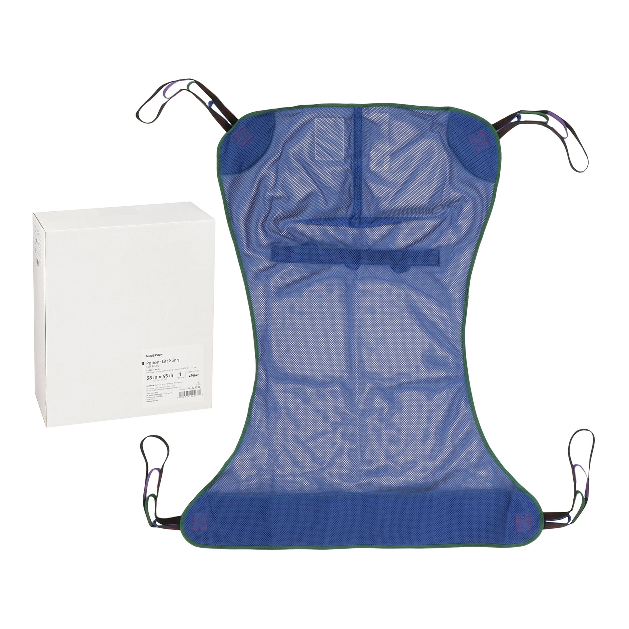 McKesson mesh full body patient sling, blue polyester, 600 lb capacity, medium and large sizes