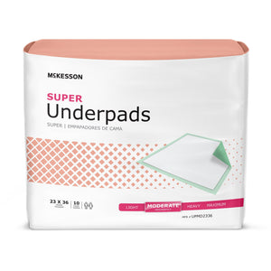 McKesson Super moderate absorbency disposable underpads in multiple sizes with green poly backsheet